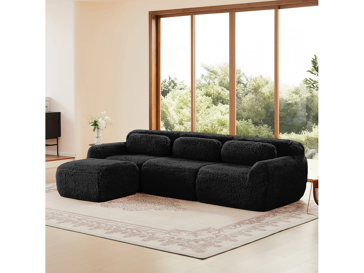 Sofá de Esquina Modular 3 plazas en tela peluche, con pouf y 3 cojines, 291x179x73cm, Negro