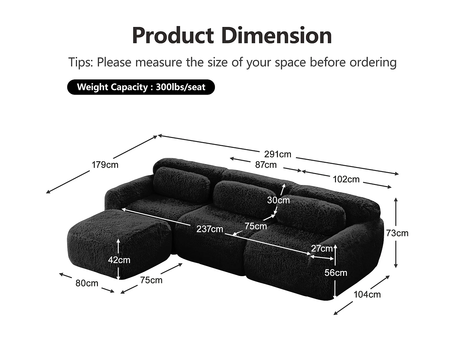 Sofá de Esquina Modular 3 plazas en tela peluche, con pouf y 3 cojines, 291x179x73cm, Negro