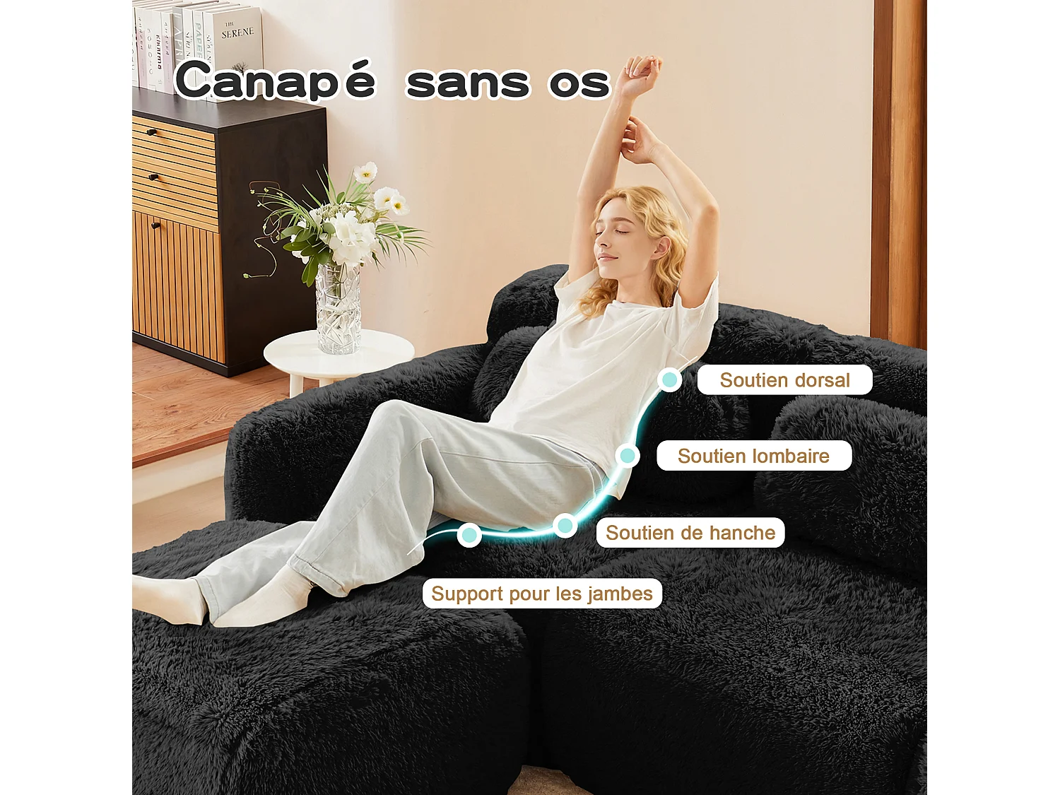 Sofá de Esquina Modular 3 plazas en tela peluche, con pouf y 3 cojines, 291x179x73cm, Negro