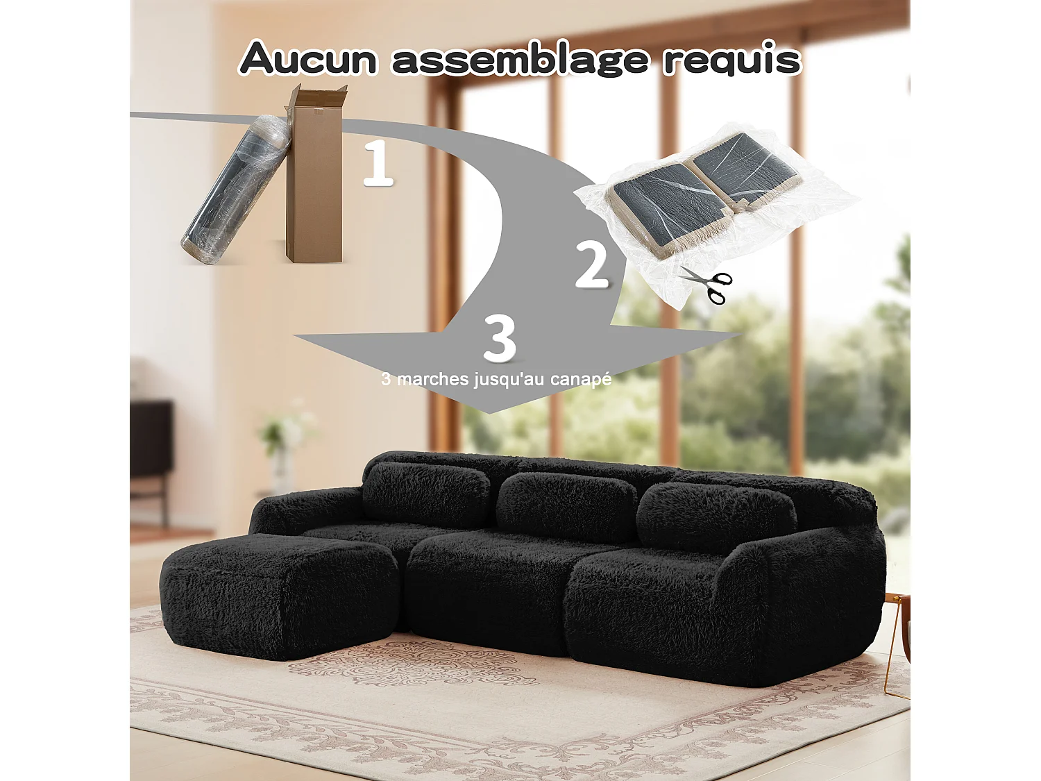 Sofá de Esquina Modular 3 plazas en tela peluche, con pouf y 3 cojines, 291x179x73cm, Negro
