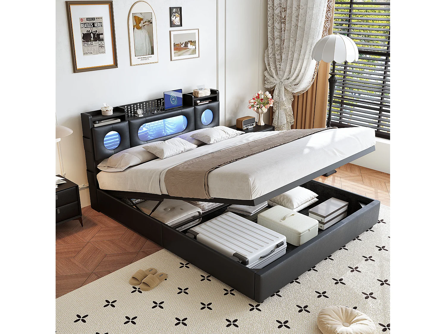 Bed van 140x200 cm met gasveeropbergruimte, USB/Type-C-poorten, ledverlichting en linnen bekleding – praktisch en modern, zwart