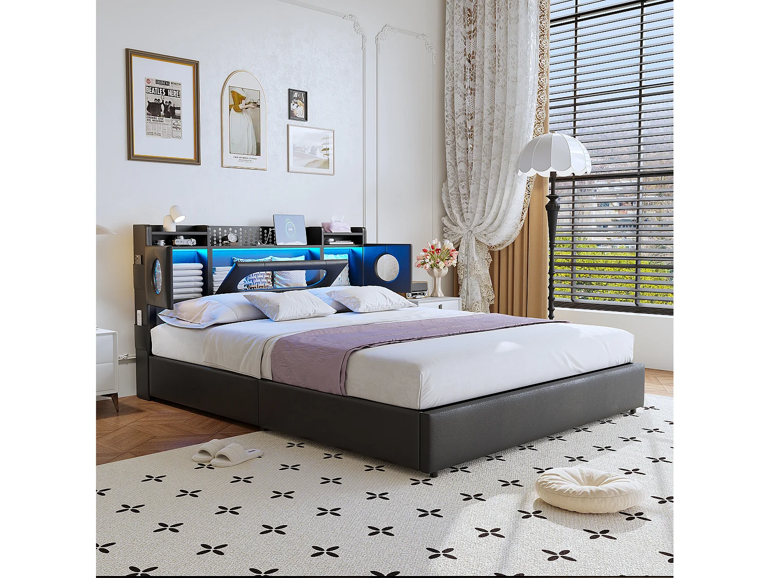 Bed van 140x200 cm met gasveeropbergruimte, USB/Type-C-poorten, ledverlichting en linnen bekleding – praktisch en modern, zwart