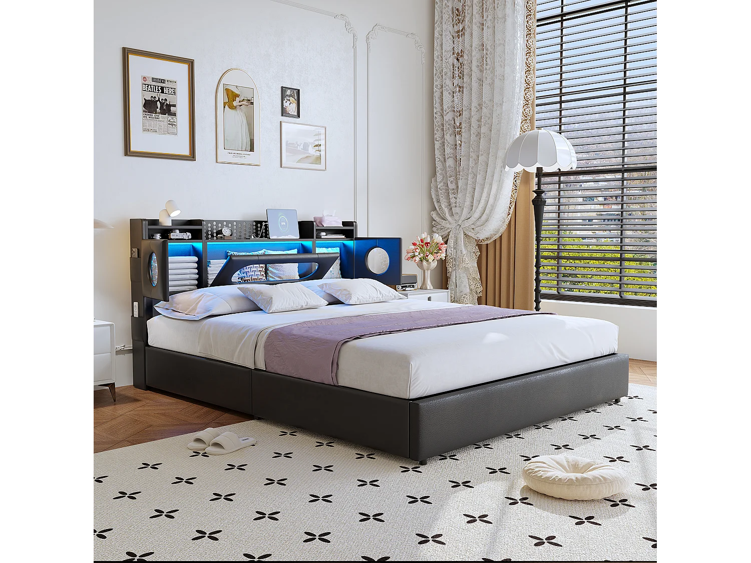 Lit 140x200 cm avec Rangement à Gaz, Ports USB/Type-C, Éclairage LED et Tissu Lin – Pratique et Moderne, Noir