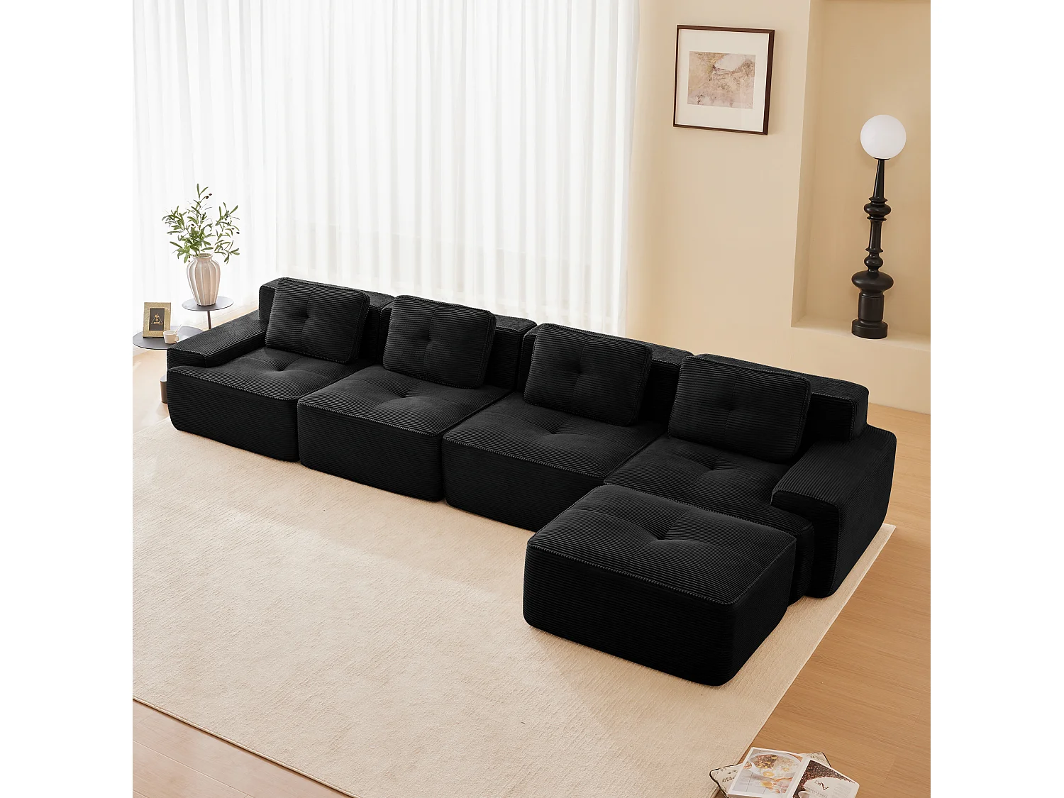 Modulaire Bank 4-zits in Ribfluweel, met poef en 4 kussens, 382x177x69cm, Zwart