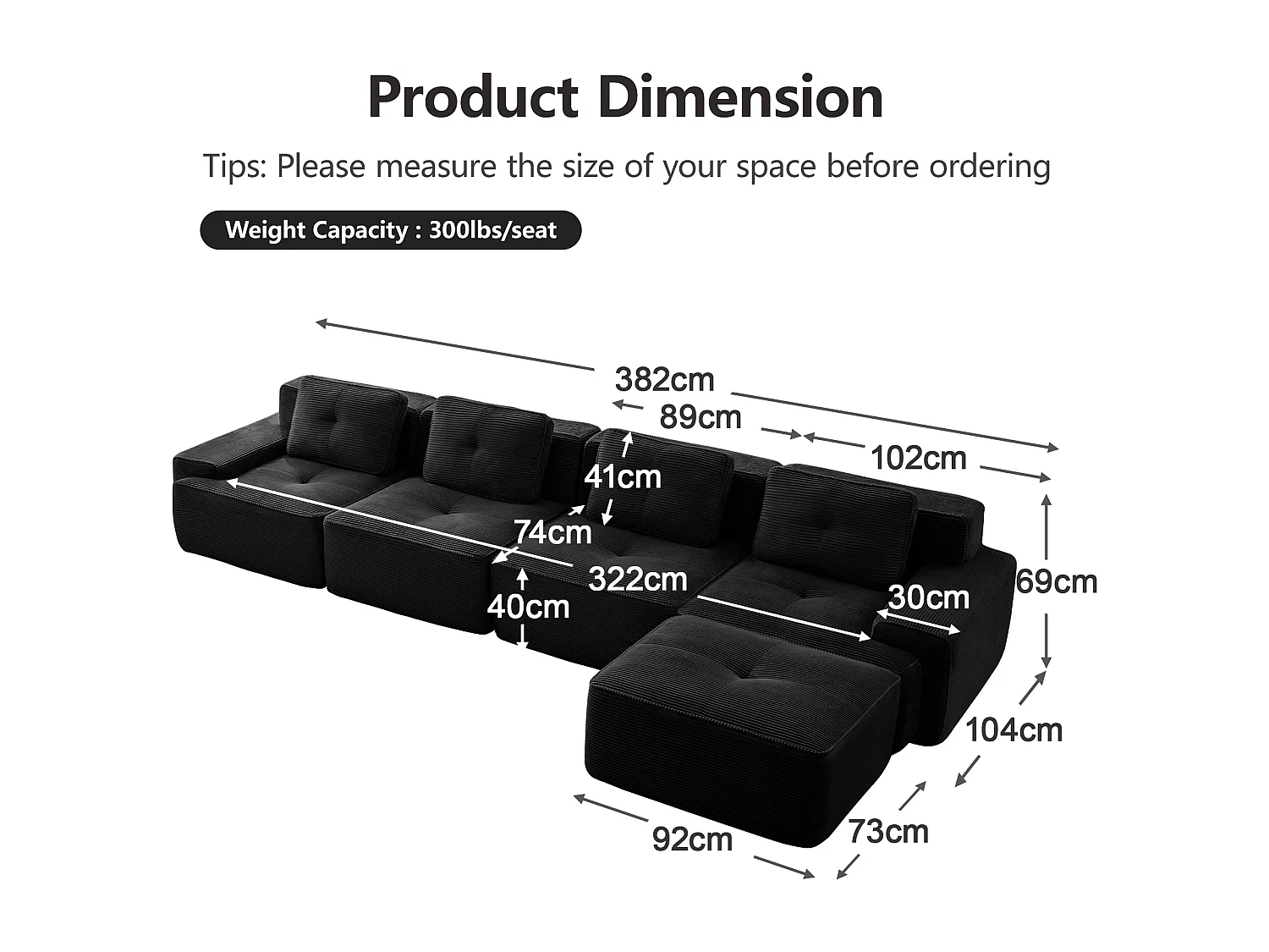 Modulaire Bank 4-zits in Ribfluweel, met poef en 4 kussens, 382x177x69cm, Zwart