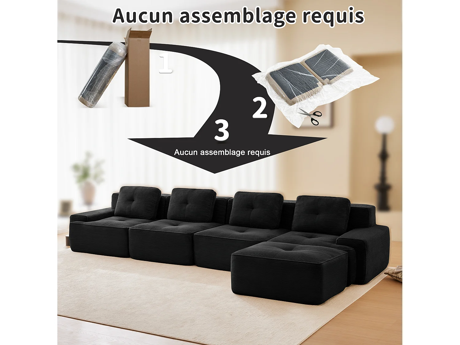 Modulaire Bank 4-zits in Ribfluweel, met poef en 4 kussens, 382x177x69cm, Zwart