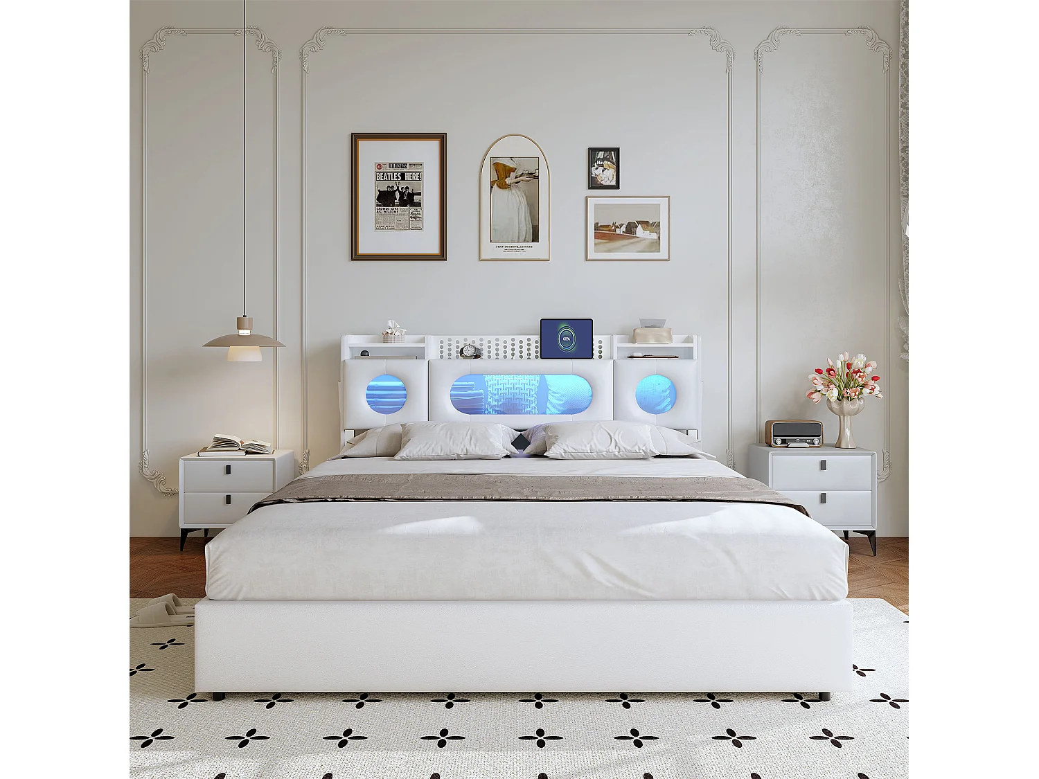 Bed van 160x200 cm met gasveeropbergruimte, USB/Type-C-poorten, ledverlichting en linnen bekleding – praktisch en modern, wit