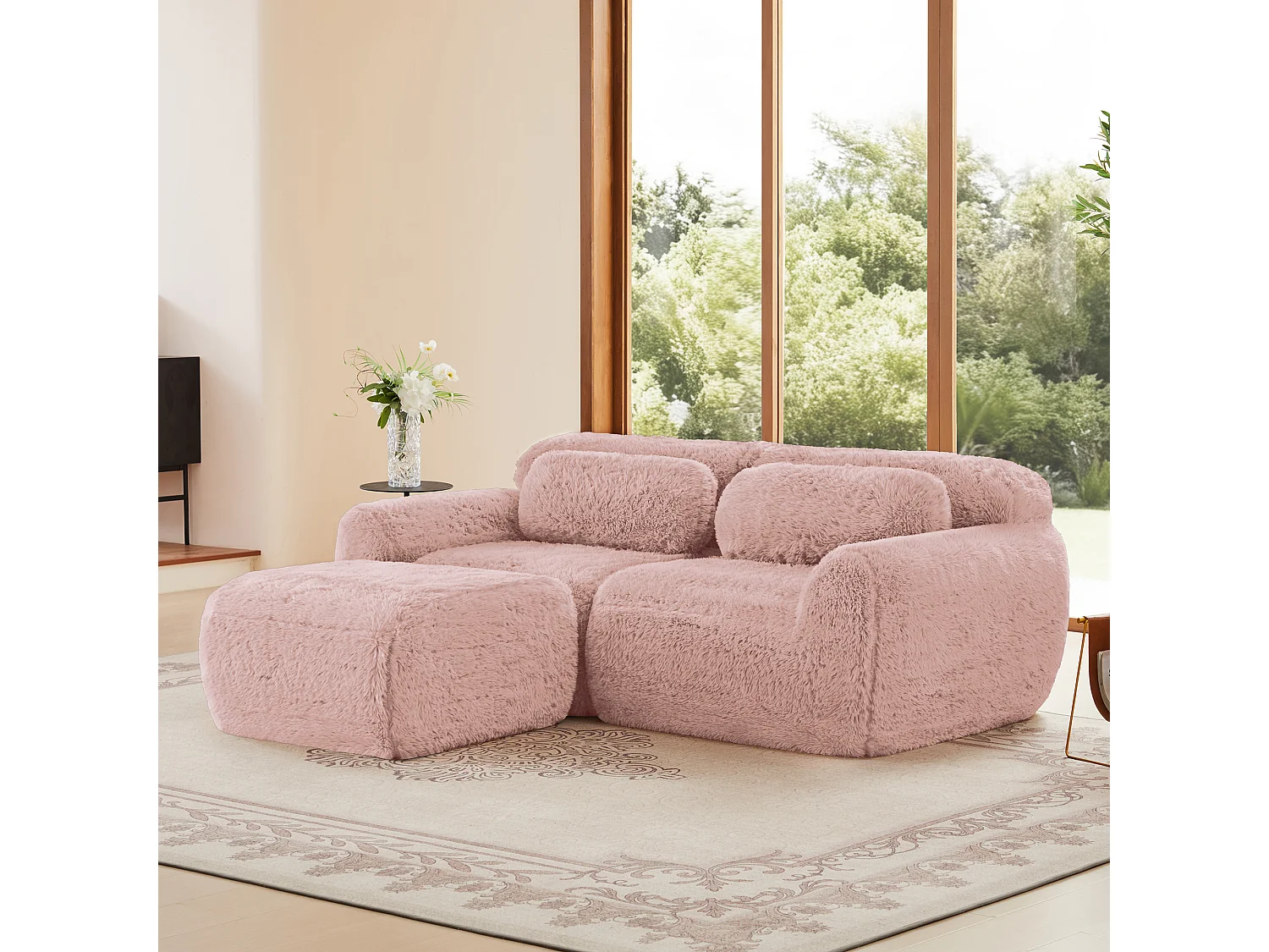 Modulaire Hoekbank 2-zits in pluche stof, met poef en 2 kussens, 204x179x73cm, Roze