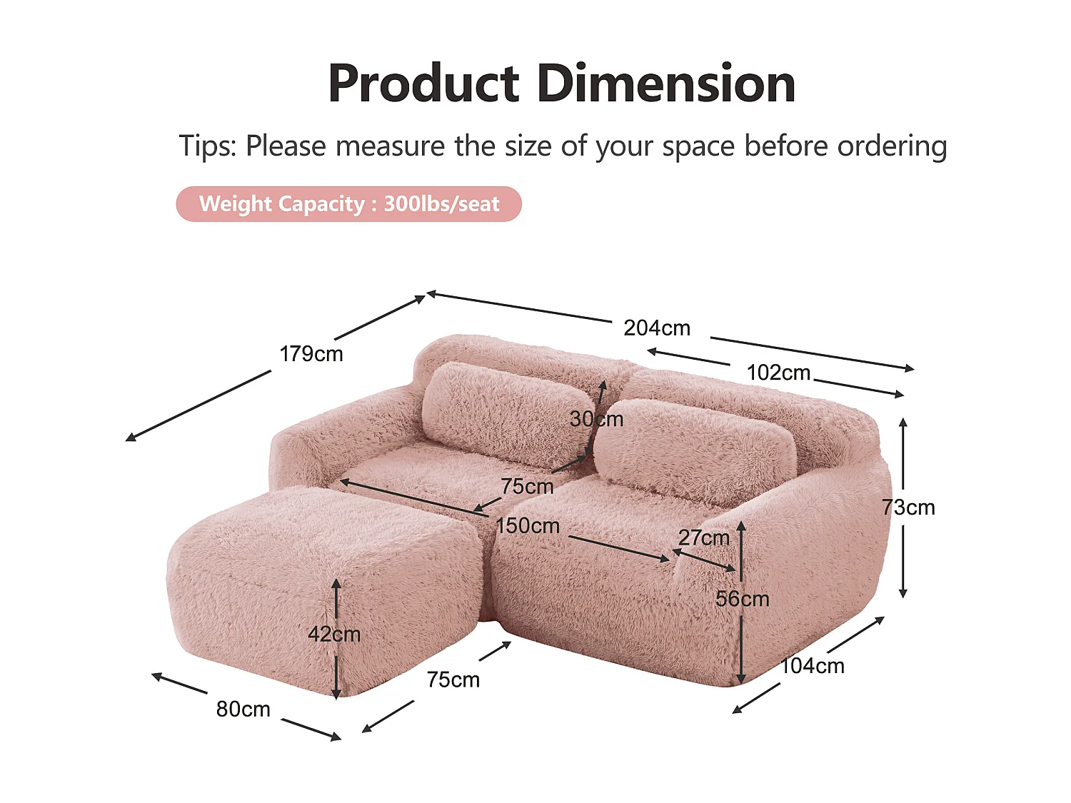 Modulaire Hoekbank 2-zits in pluche stof, met poef en 2 kussens, 204x179x73cm, Roze