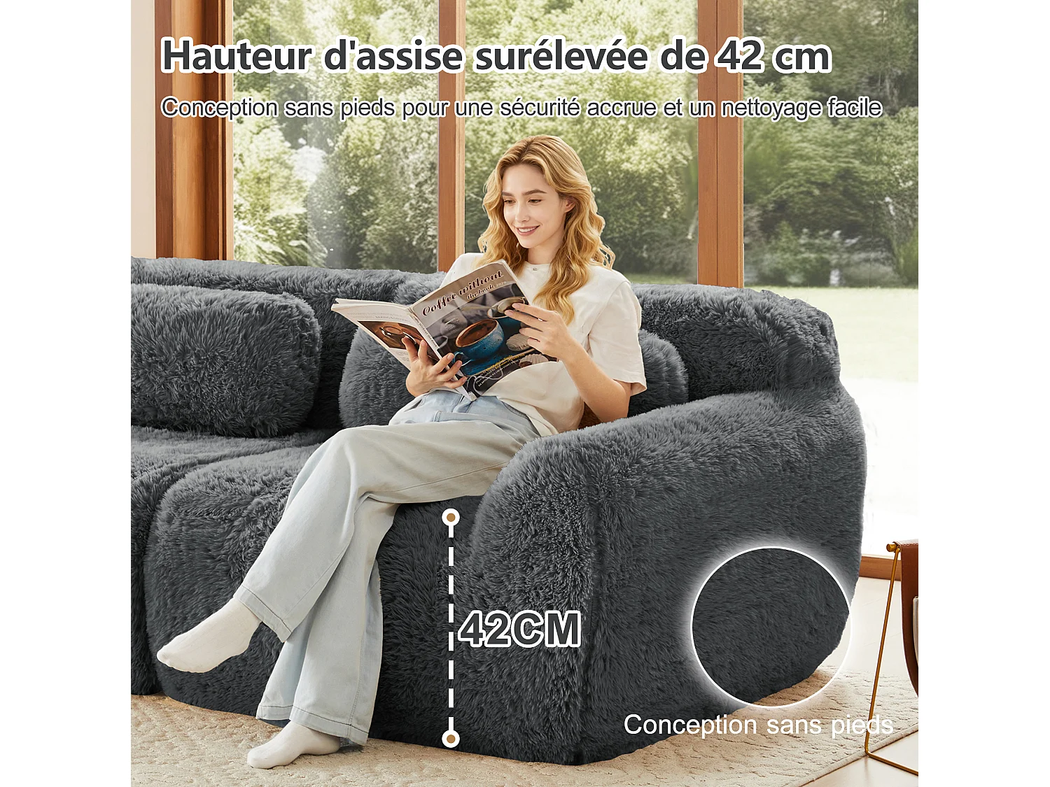 Sofá de Esquina Modular en tela peluche, con 3 poufs y 3 cojines, 291x179x73cm, Gris