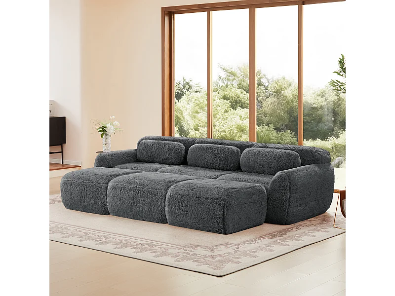 Sofá de Esquina Modular en tela peluche, con 3 poufs y 3 cojines, 291x179x73cm, Gris