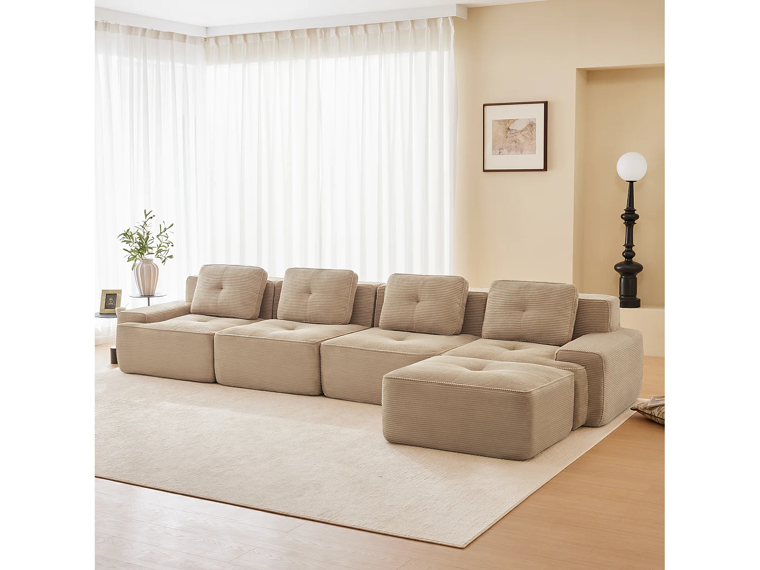 Modulaire Bank 4-zits in Ribfluweel, met poef en 4 kussens, 382x177x69cm, Beige