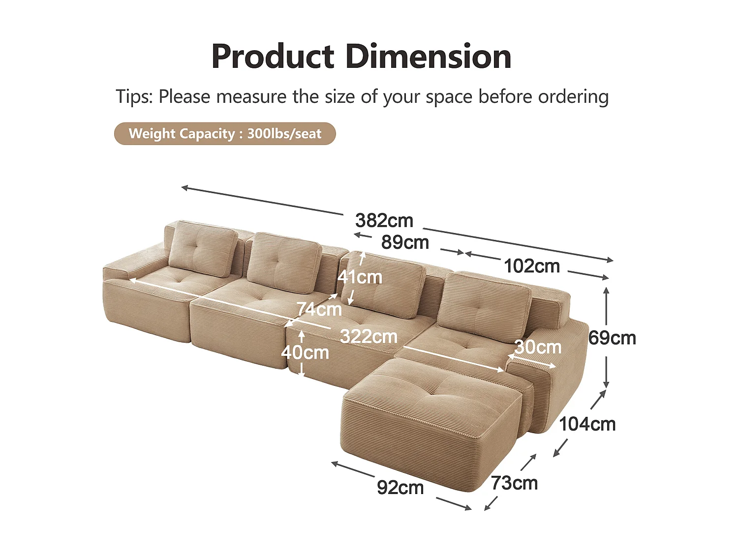 Modulaire Bank 4-zits in Ribfluweel, met poef en 4 kussens, 382x177x69cm, Beige
