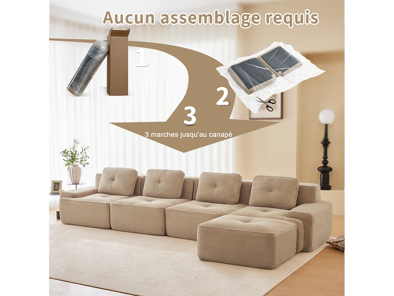 Modulaire Bank 4-zits in Ribfluweel, met poef en 4 kussens, 382x177x69cm, Beige