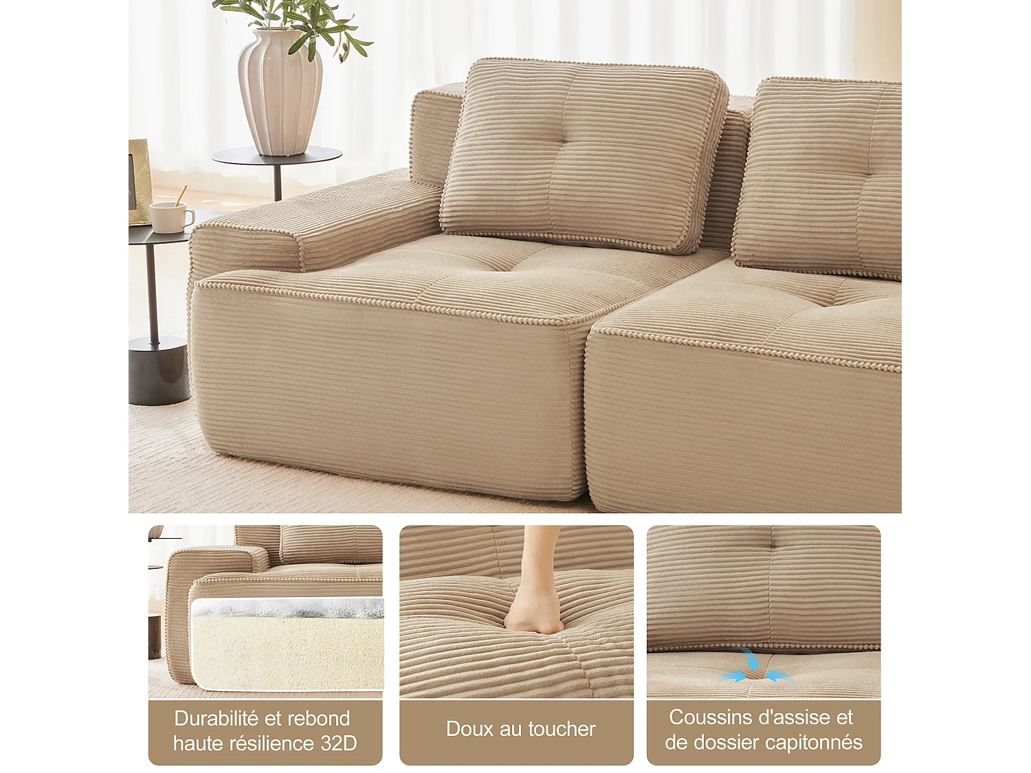 Modulaire Bank 4-zits in Ribfluweel, met poef en 4 kussens, 382x177x69cm, Beige