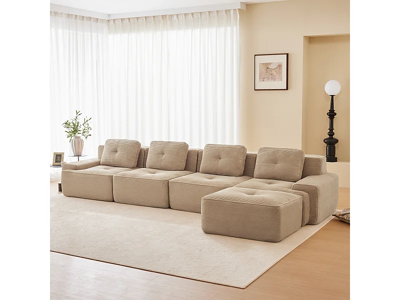 Modulaire Bank 4-zits in Ribfluweel, met poef en 4 kussens, 382x177x69cm, Beige