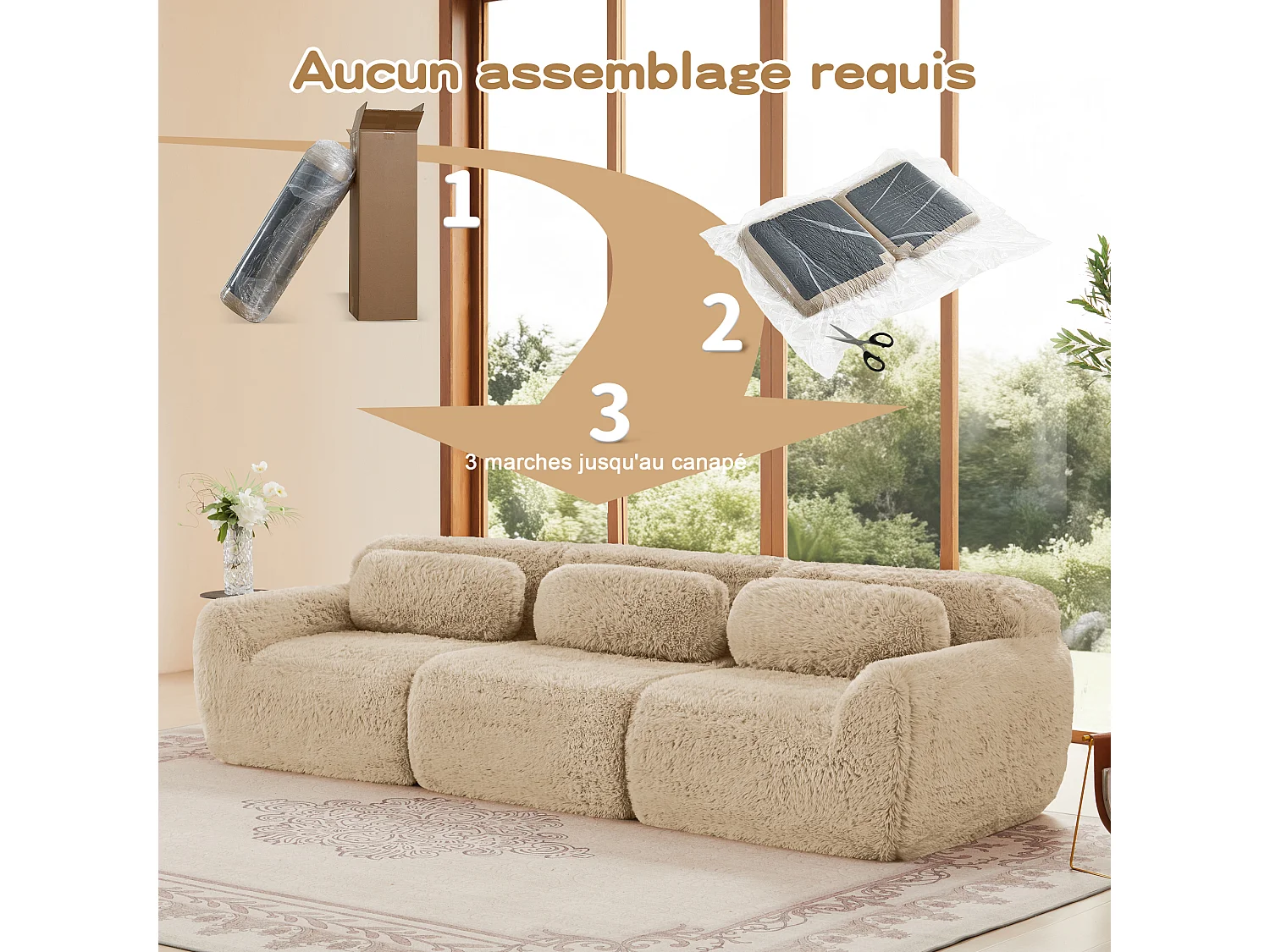 Canapé Modulable 3 places en tissu peluche, avec 3 coussins, sans cadre, 291x104x73cm, Kaki
