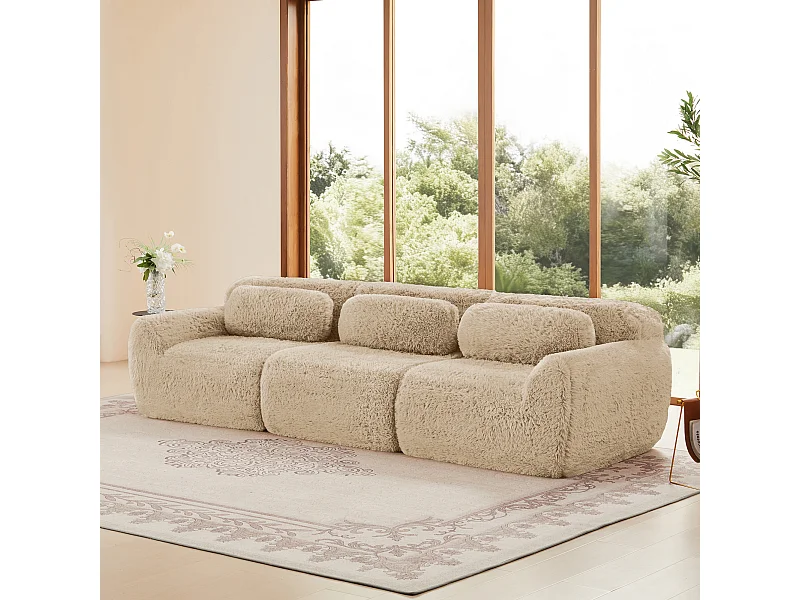 Canapé Modulable 3 places en tissu peluche, avec 3 coussins, sans cadre, 291x104x73cm, Kaki