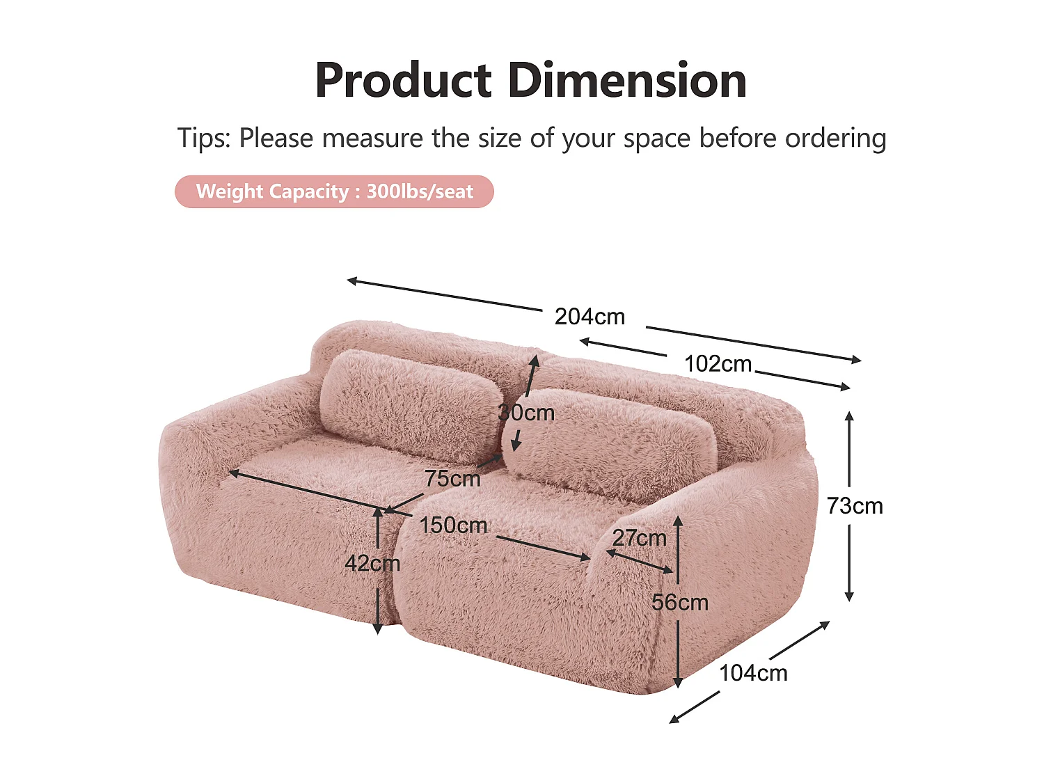 Modulaire Bank 2-zits in pluche stof, met 2 kussens, extra diepe zit 75cm, 204x104x73cm, Roze