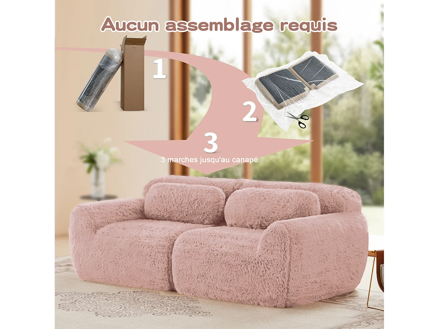 Modulaire Bank 2-zits in pluche stof, met 2 kussens, extra diepe zit 75cm, 204x104x73cm, Roze