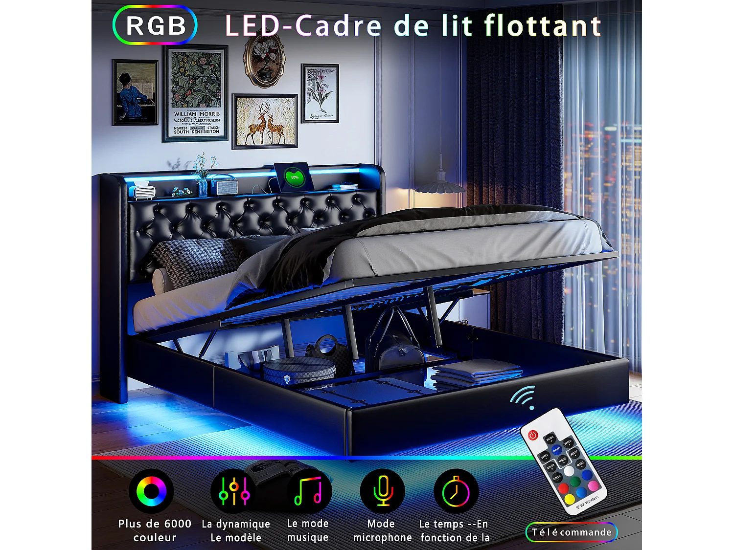 Letto sospeso 140x200 cm con contenitore integrato, testiera a LED, rivestimento in PU nero, prese USB e di corrente, moderno telaio idraulico