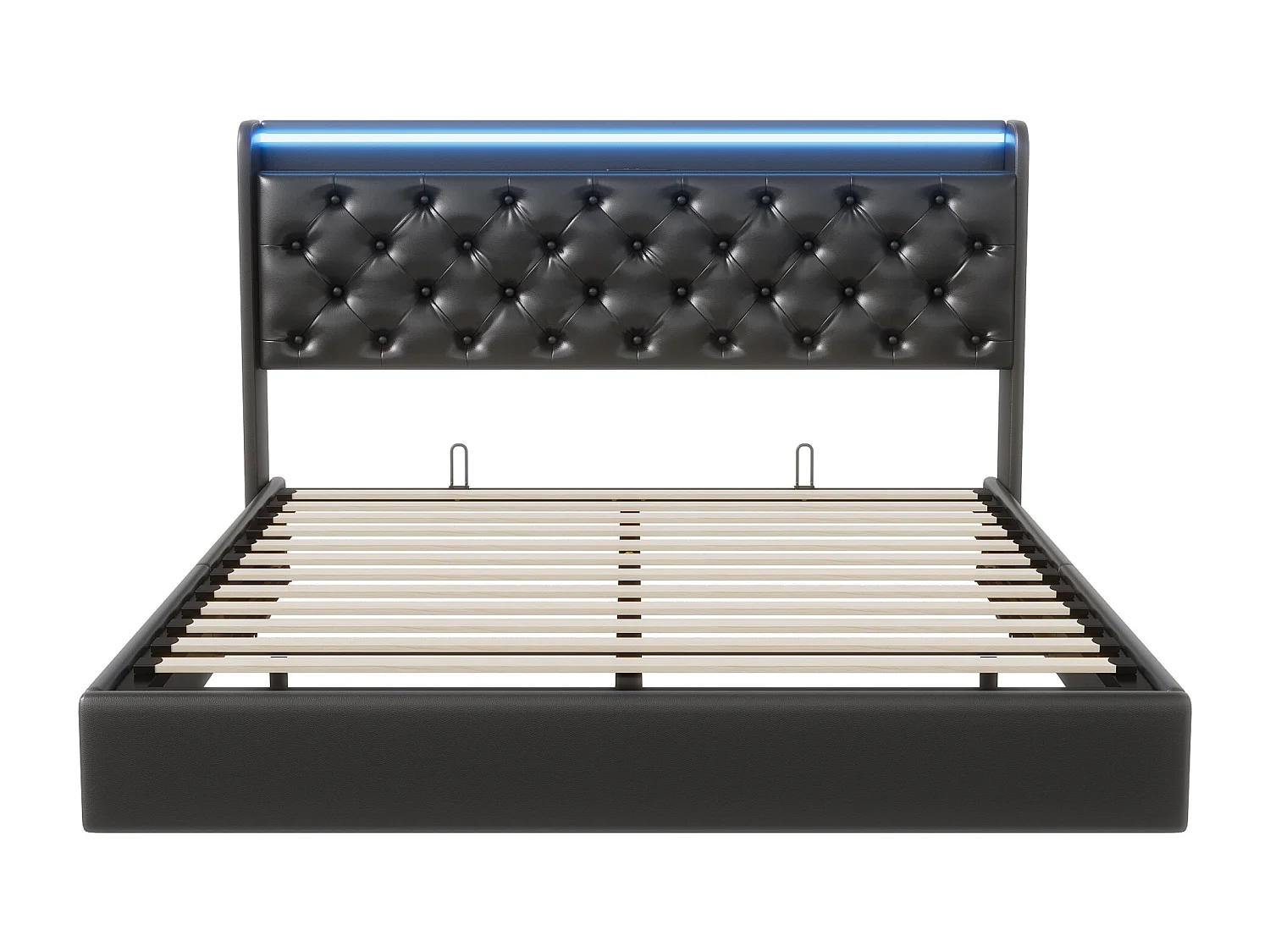 Letto sospeso 140x200 cm con contenitore integrato, testiera a LED, rivestimento in PU nero, prese USB e di corrente, moderno telaio idraulico