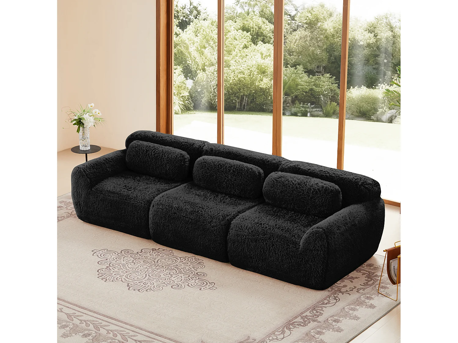 Canapé Modulable 3 places en tissu peluche, avec 3 coussins, sans cadre, 291x104x73cm, Noir
