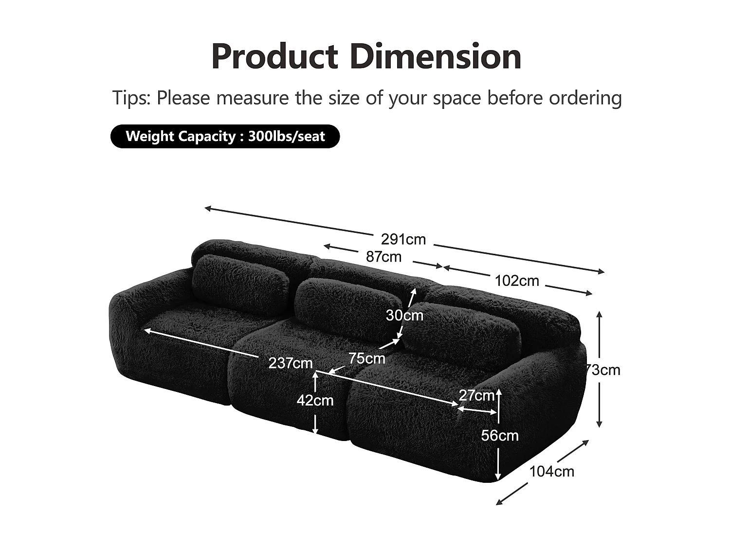 Canapé Modulable 3 places en tissu peluche, avec 3 coussins, sans cadre, 291x104x73cm, Noir