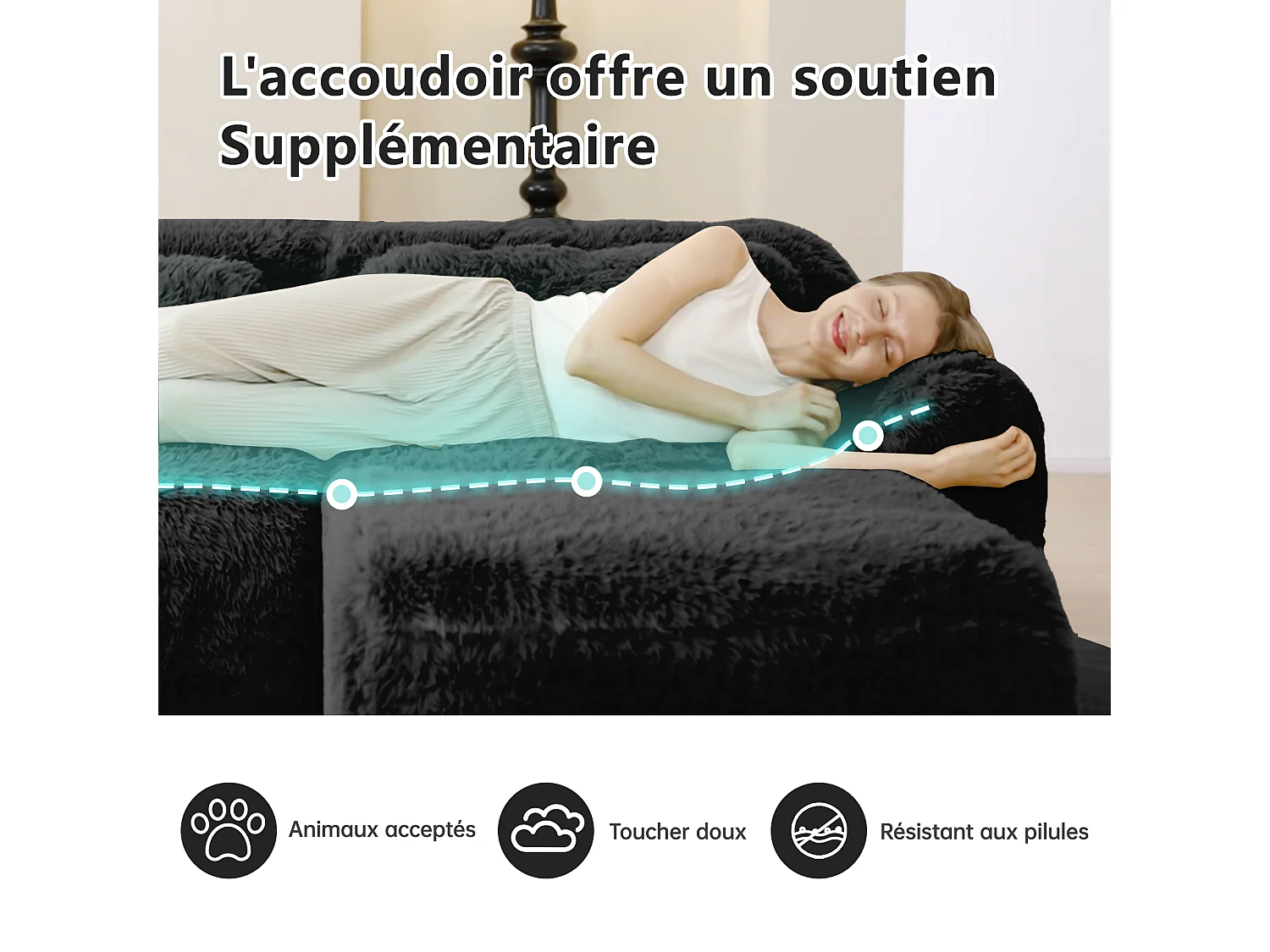 Canapé Modulable 3 places en tissu peluche, avec 3 coussins, sans cadre, 291x104x73cm, Noir