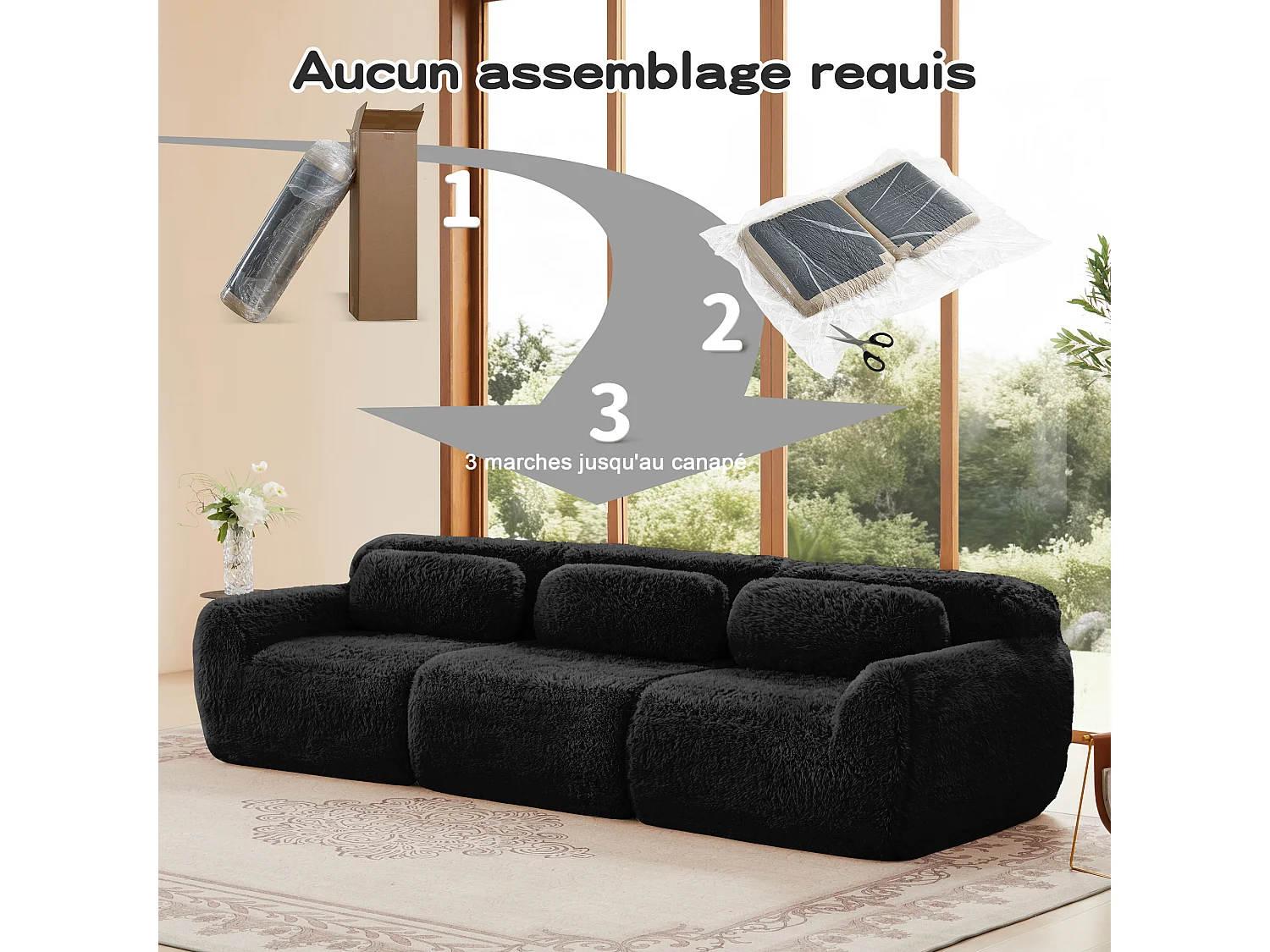 Canapé Modulable 3 places en tissu peluche, avec 3 coussins, sans cadre, 291x104x73cm, Noir
