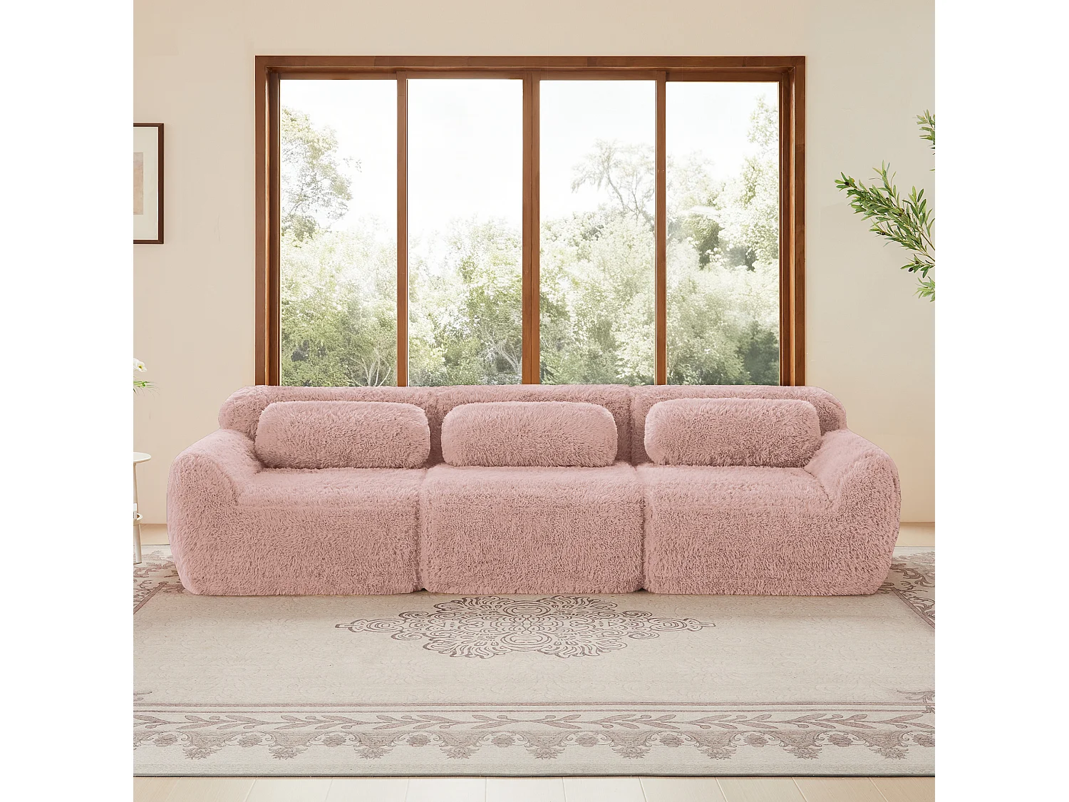 Modulaire Bank 3-zits in pluche stof, met 3 kussens, zonder frame, 291x104x73cm, Roze