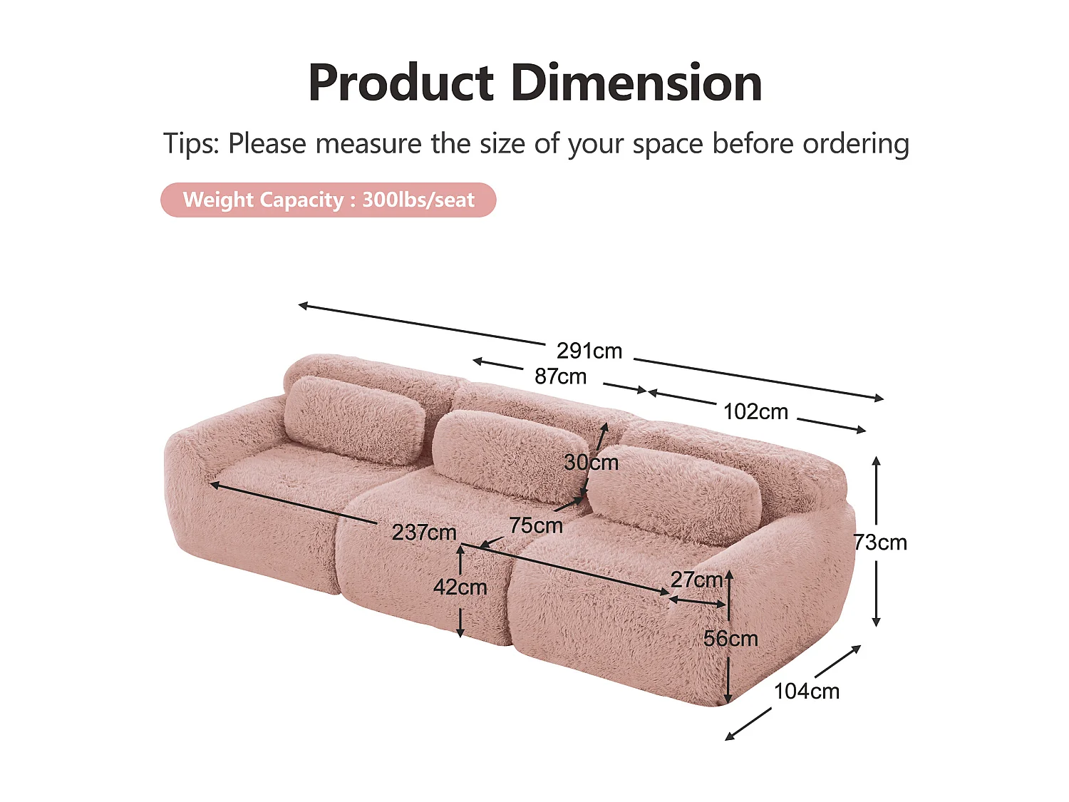 Modulaire Bank 3-zits in pluche stof, met 3 kussens, zonder frame, 291x104x73cm, Roze