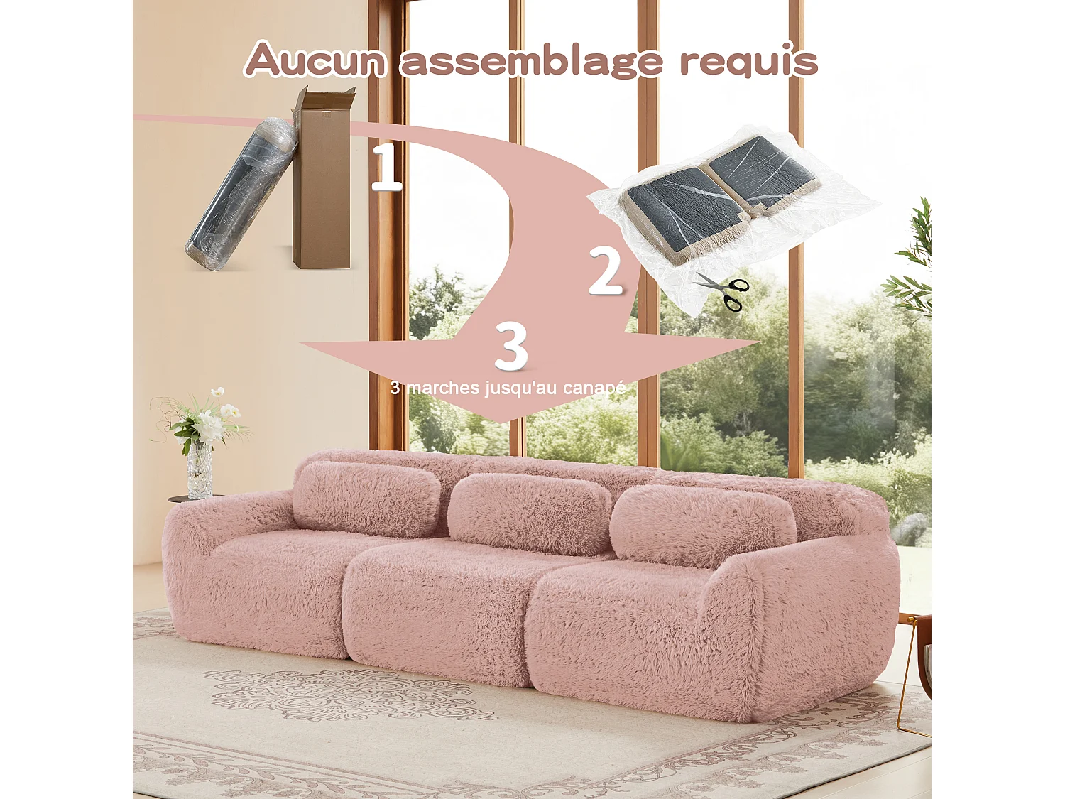 Modulaire Bank 3-zits in pluche stof, met 3 kussens, zonder frame, 291x104x73cm, Roze