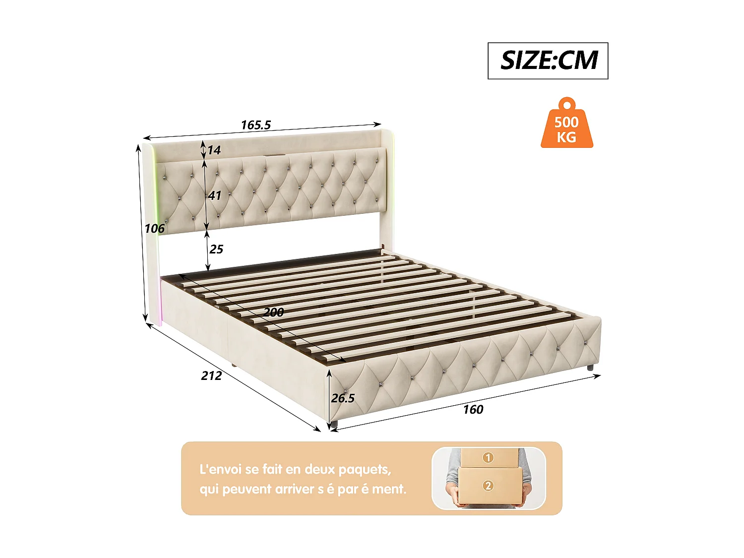 Opbergbed van 160x200 cm met RGB LED-verlichting, beige fluwelen bekleding, opklapbare lattenbodem en geïntegreerde opbergruimte.