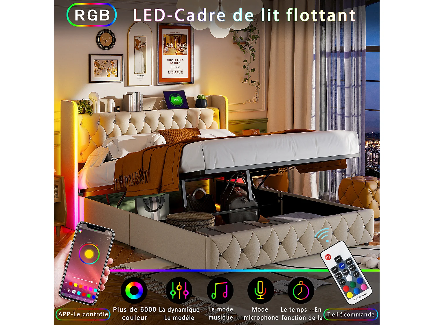 Opbergbed van 160x200 cm met RGB LED-verlichting, beige fluwelen bekleding, opklapbare lattenbodem en geïntegreerde opbergruimte.