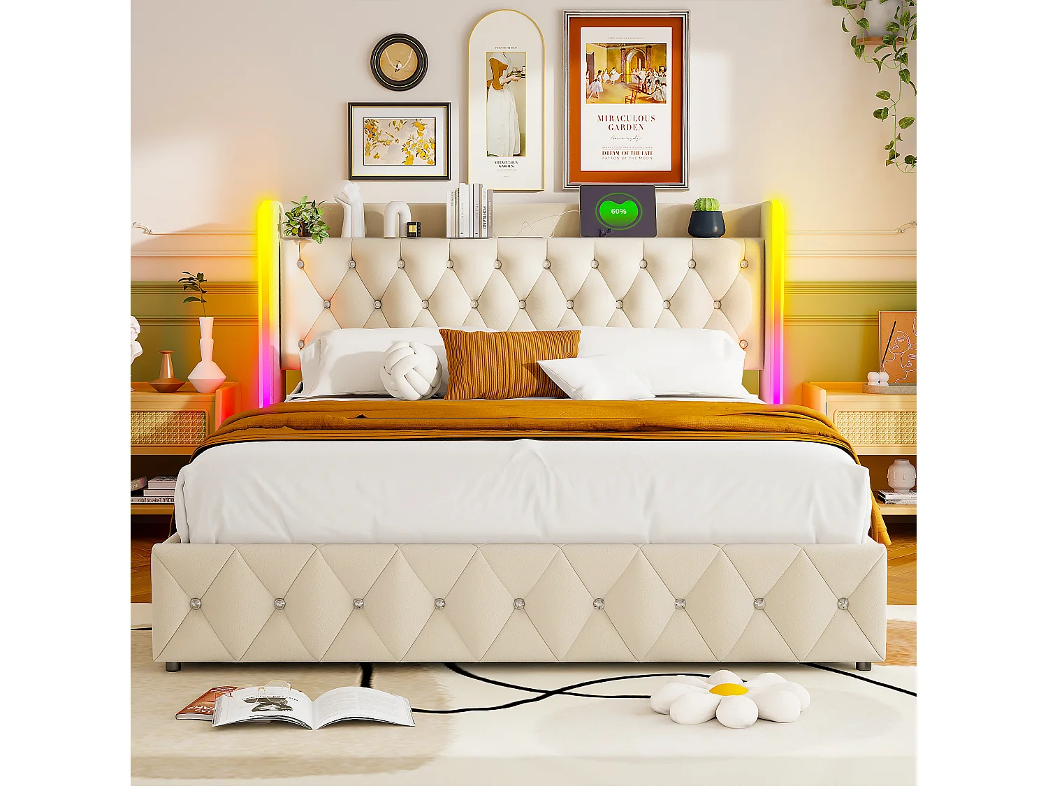 Lit Coffre 160x200 cm avec LED RGB, Tissu Velours Beige, Sommier Relevable et Rangement Intégré