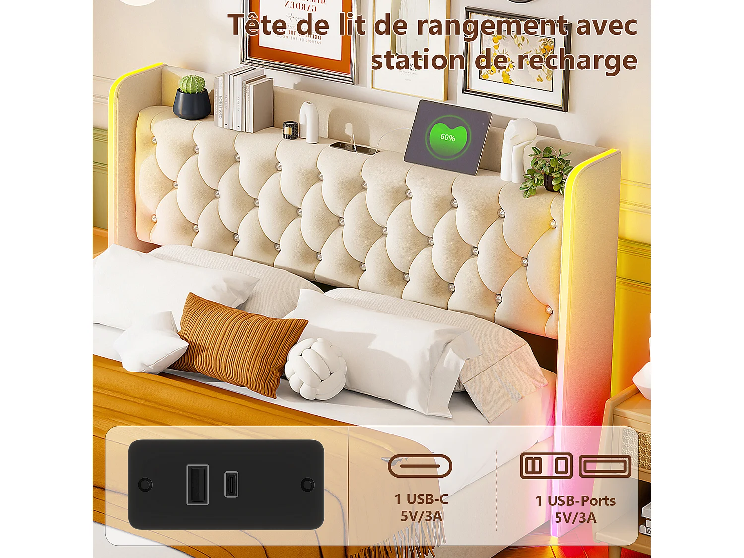 Lit Coffre 160x200 cm avec LED RGB, Tissu Velours Beige, Sommier Relevable et Rangement Intégré