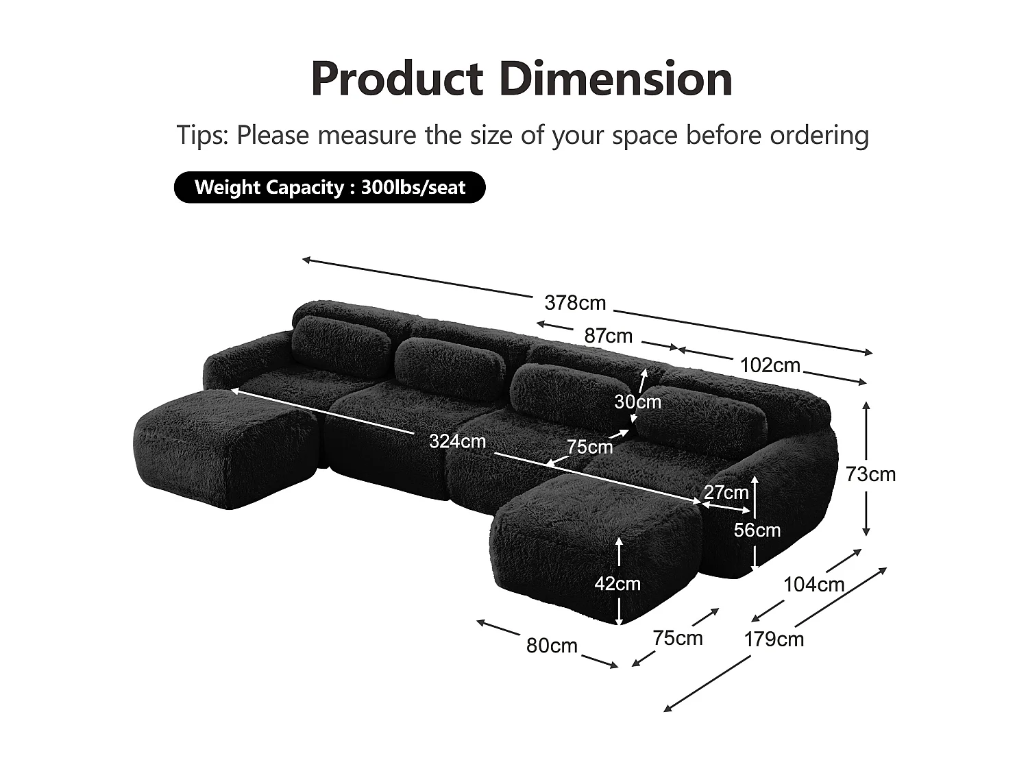 Canapé d'angle Modulable en Forme de U, en tissu peluche, avec 2 pouf et 4 coussins, 378x179x73cm, Noir