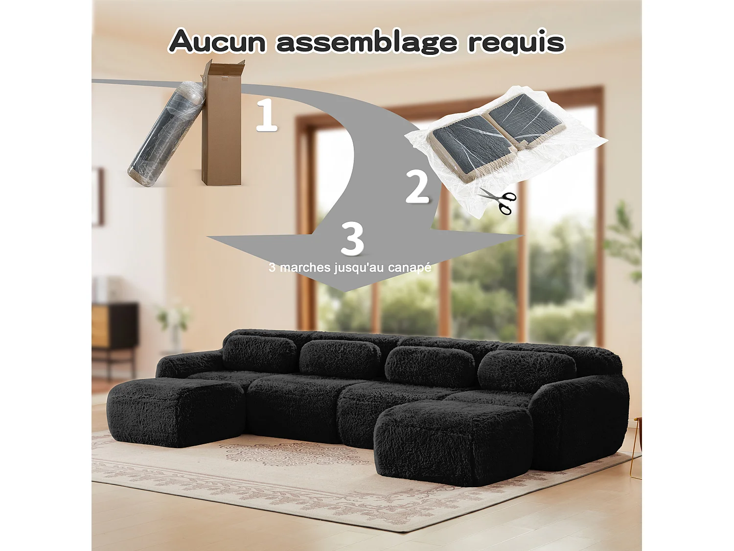 Canapé d'angle Modulable en Forme de U, en tissu peluche, avec 2 pouf et 4 coussins, 378x179x73cm, Noir