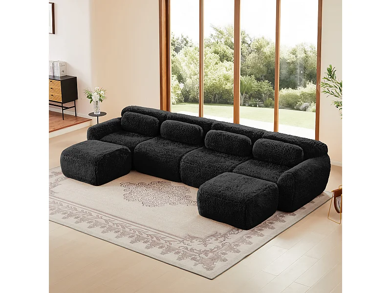Canapé d'angle Modulable en Forme de U, en tissu peluche, avec 2 pouf et 4 coussins, 378x179x73cm, Noir