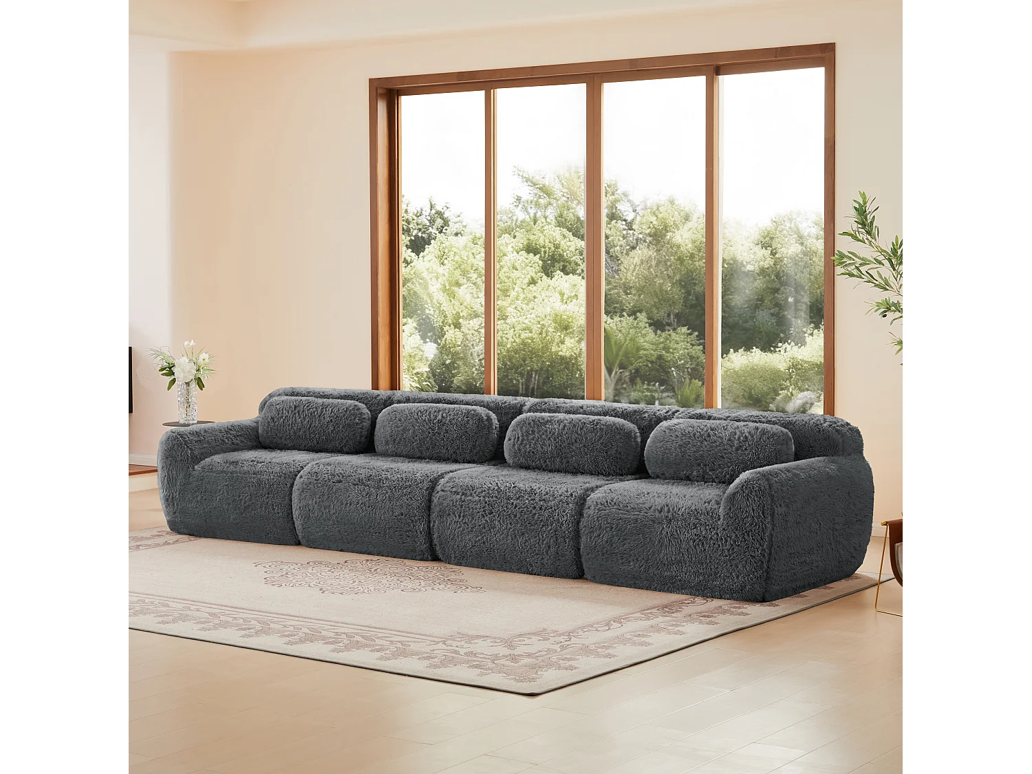 Canapé 4 places Modulable en tissu peluche, avec 4 coussins, sans cadre, 378x104x73cm, Gris