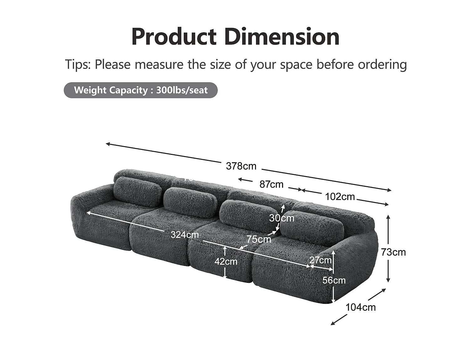 Canapé 4 places Modulable en tissu peluche, avec 4 coussins, sans cadre, 378x104x73cm, Gris