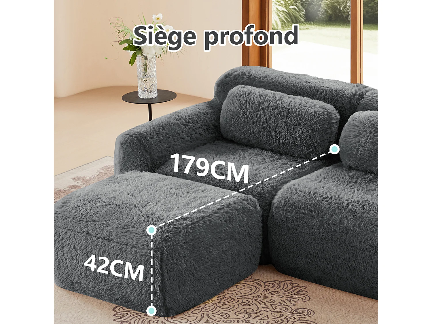 Canapé 4 places Modulable en tissu peluche, avec 4 coussins, sans cadre, 378x104x73cm, Gris