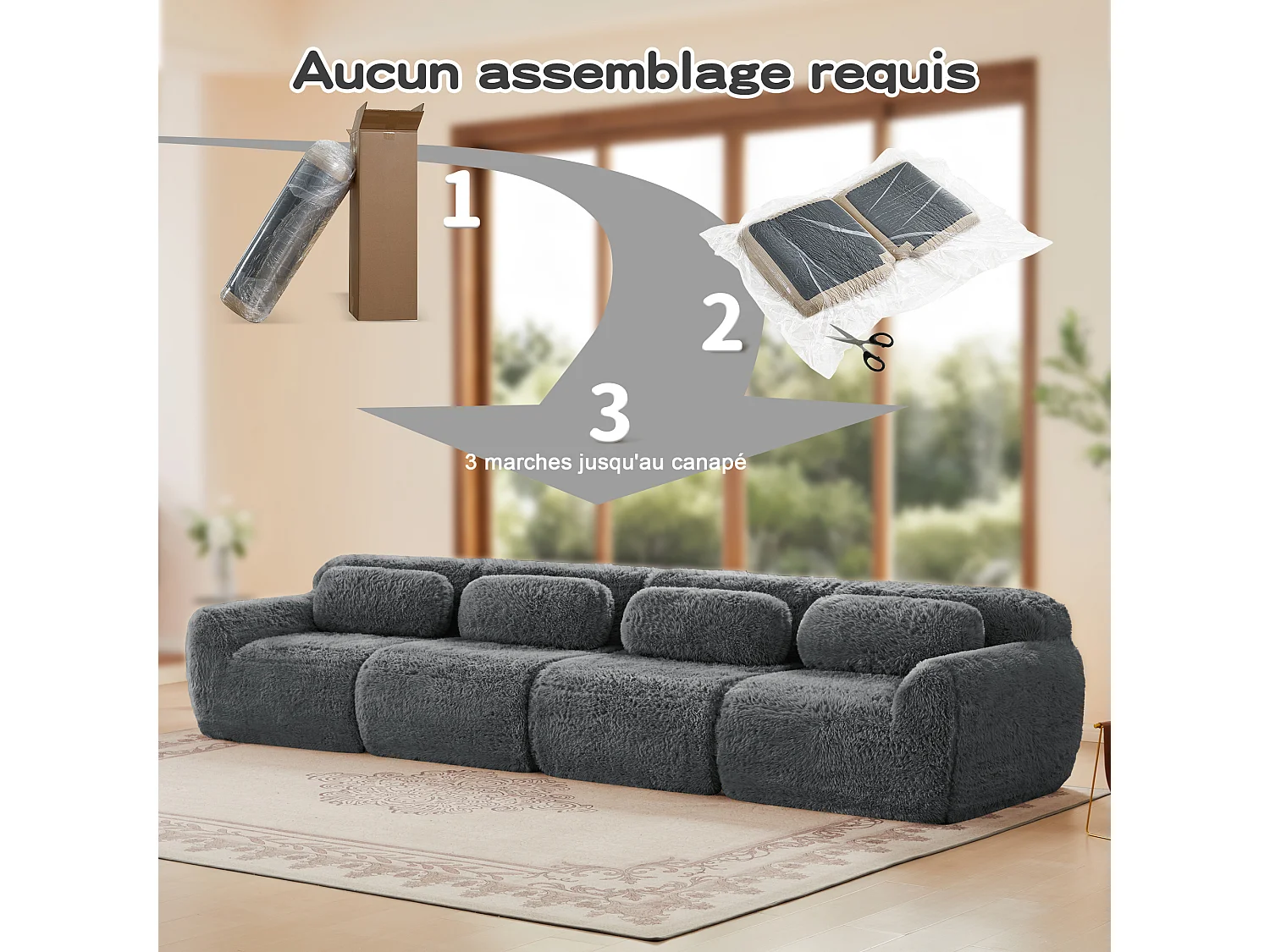 Canapé 4 places Modulable en tissu peluche, avec 4 coussins, sans cadre, 378x104x73cm, Gris