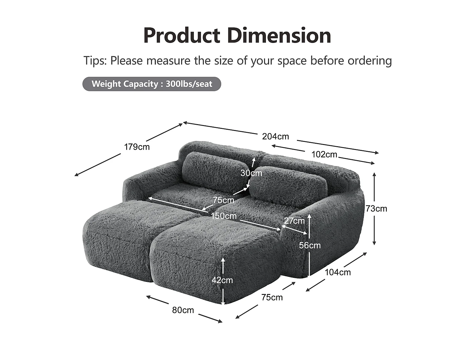 Modulaire Hoekbank in pluche stof, met 2 poefs en 2 kussens, 204x179x73cm, Grijs