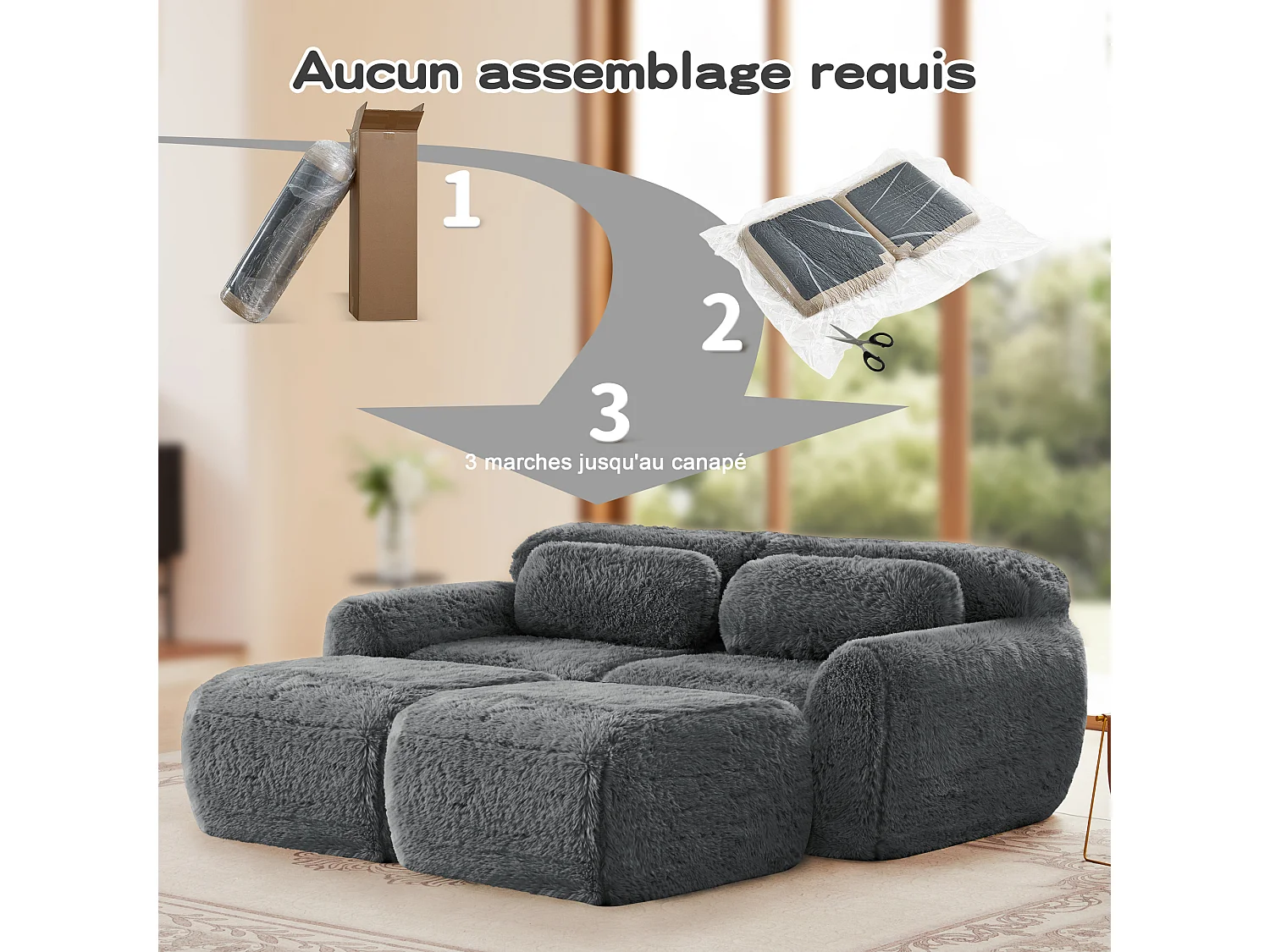 Modulaire Hoekbank in pluche stof, met 2 poefs en 2 kussens, 204x179x73cm, Grijs