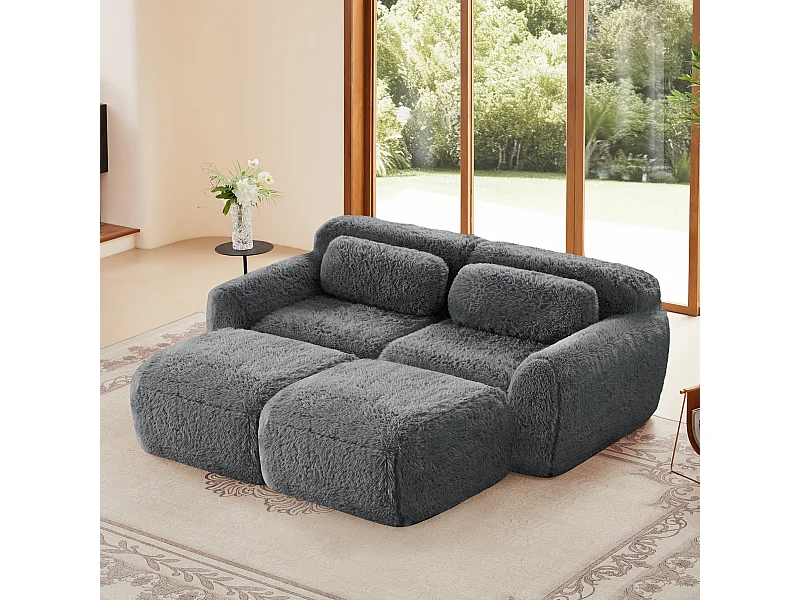 Modulaire Hoekbank in pluche stof, met 2 poefs en 2 kussens, 204x179x73cm, Grijs