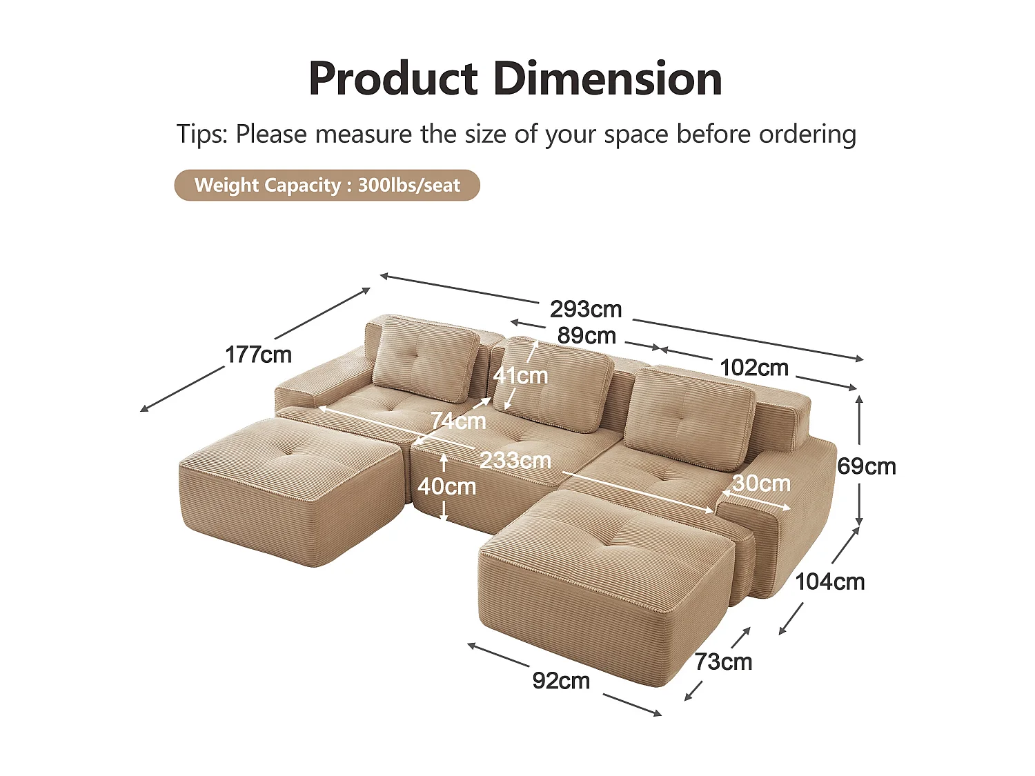 Divano Angolare Modulare a Forma di U in Velluto costola, con 2 pouf e 3 cuscini, 293x177x69cm, Beige