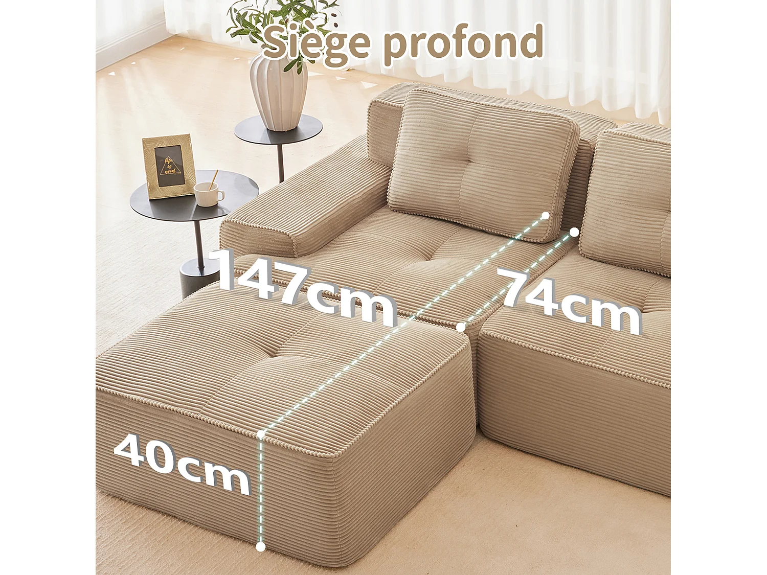 Divano Angolare Modulare a Forma di U in Velluto costola, con 2 pouf e 3 cuscini, 293x177x69cm, Beige