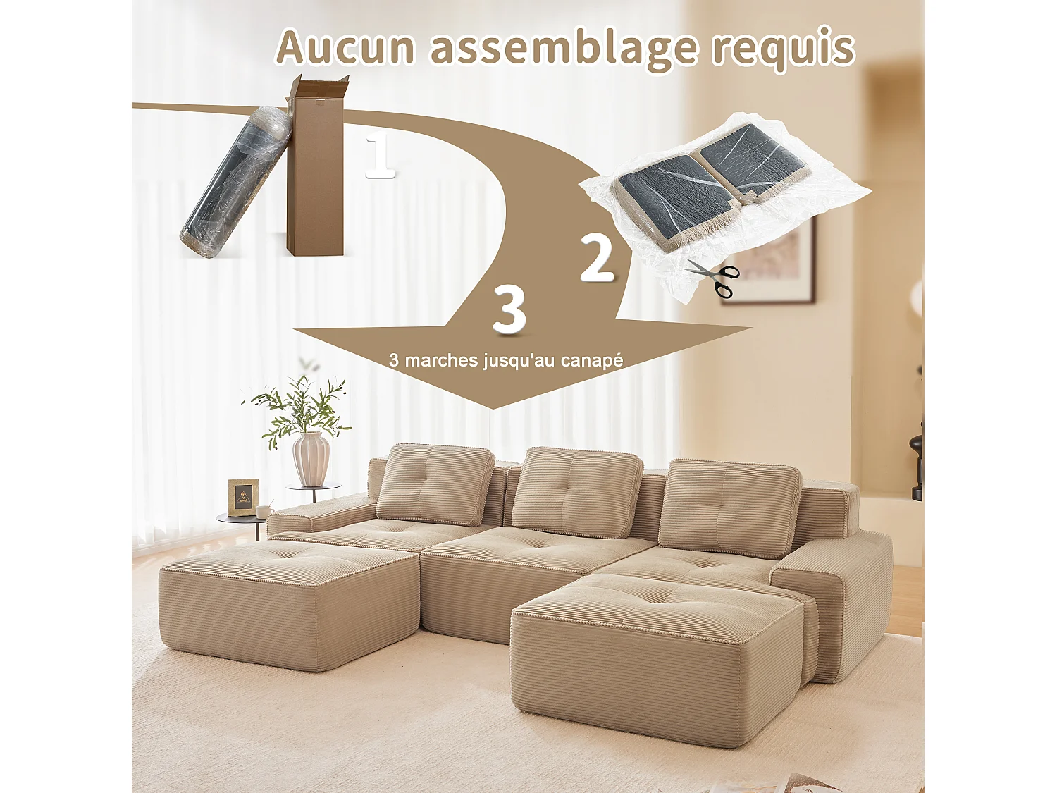 Divano Angolare Modulare a Forma di U in Velluto costola, con 2 pouf e 3 cuscini, 293x177x69cm, Beige